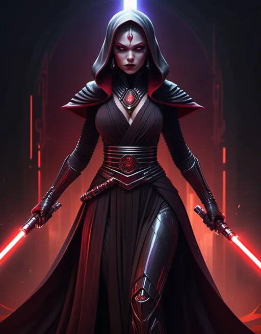 Prompt: (detailed character design) sith lord princess, (elegant attire) dark robes with crimson accents, (powerful pose) holding a lightsaber with energy wafting around it, (mysterious ambiance) dimly lit background with flickering shadows and soft deep red and purple lighting, (intricate details) silver jewelry adorned, (HD quality) ultra-detailed, dramatic.