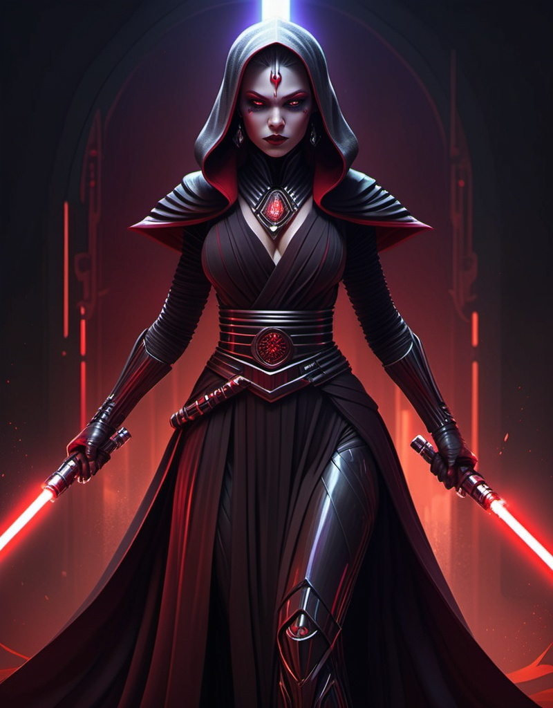 Prompt: (detailed character design) sith lord princess, (elegant attire) dark robes with crimson accents, (powerful pose) holding a lightsaber with energy wafting around it, (mysterious ambiance) dimly lit background with flickering shadows and soft deep red and purple lighting, (intricate details) silver jewelry adorned, (HD quality) ultra-detailed, dramatic.