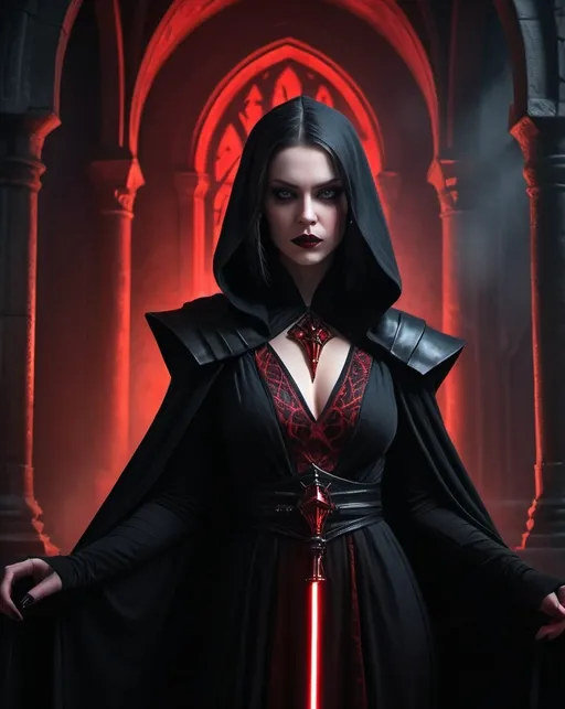 Prompt: (princess sith lord), dark and mysterious ambiance, stylish robes combining elegance and menace, vibrant red force energy casting eerie shadows, fierce expression highlighting power and determination, gothic castle background, dramatic lighting emphasizing contrast between light and dark, ultradetailed fantasy, high resolution, captivatingly dark theme.