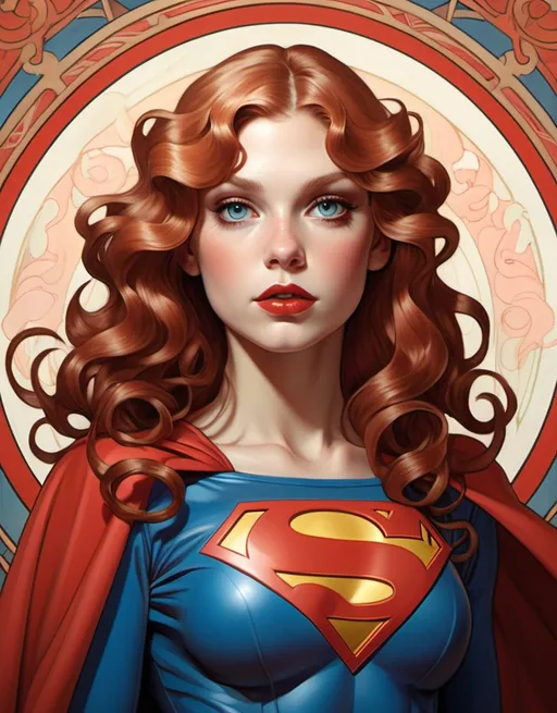 Prompt: Shauna Murphy as Supergirl with red and curls by Alphonse Mucha