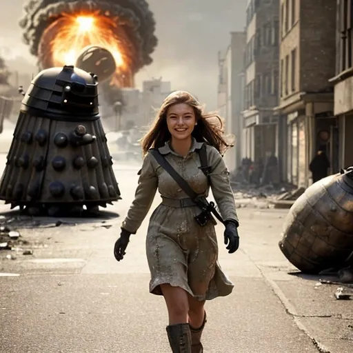 Prompt: Beautiful smiling well endowed young woman walking down a war torn high street with her Dalek boyfriend, detailed clothing, a nuclear bomb exploding in the background, realistic, natural lighting