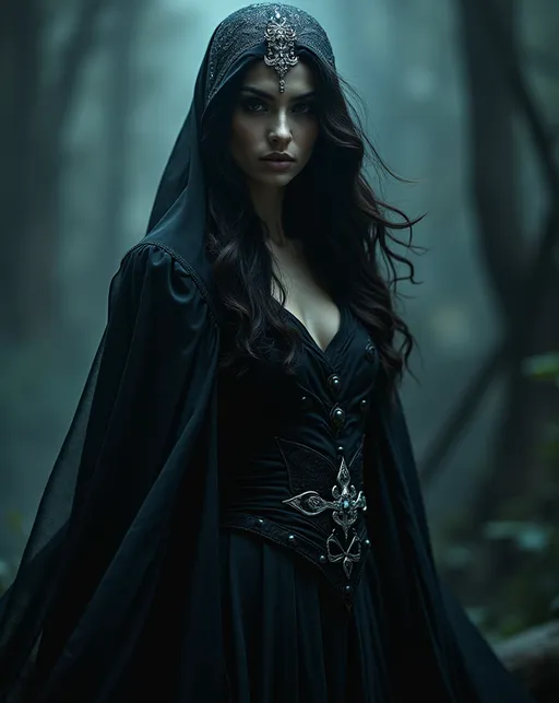 Prompt: The Queen of Shadows, (mysterious), enigmatic figure draped in flowing dark robes, intricate silver detailing, (elegant pose), surrounded by swirling shadows, ethereal glow in her eyes, (dramatic lighting) casting shadows on a hauntingly beautiful background, (dark forest or ancient castle), high depth, cinematic quality, (magical ambience), deep contrast between light and dark, (ultra-detailed) atmosphere filled with intrigue and elegance.