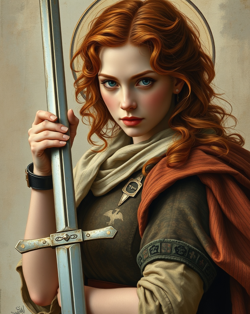 Prompt: Saint Joan of Arc, beautiful, auburn hair, well endowed, sword wielding hero, icon.