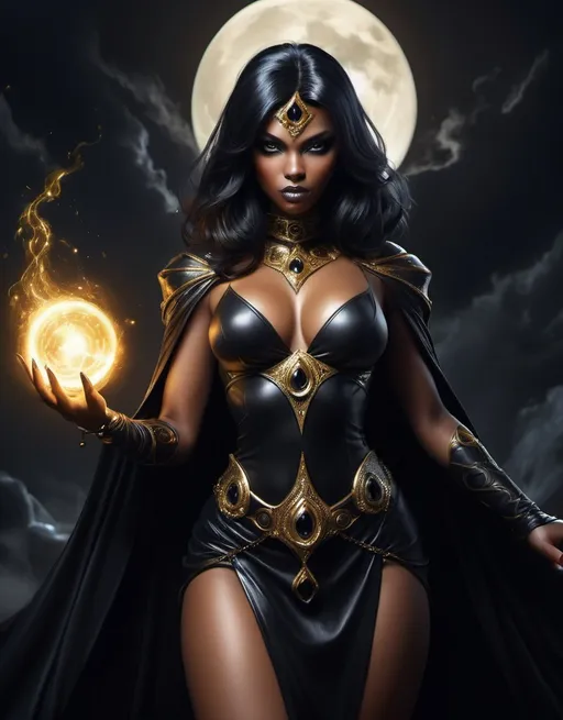 Prompt: Black Gold, sorceress, dark, well endowed, mysterious, heroine of the night, protecting the world from evil forces. 