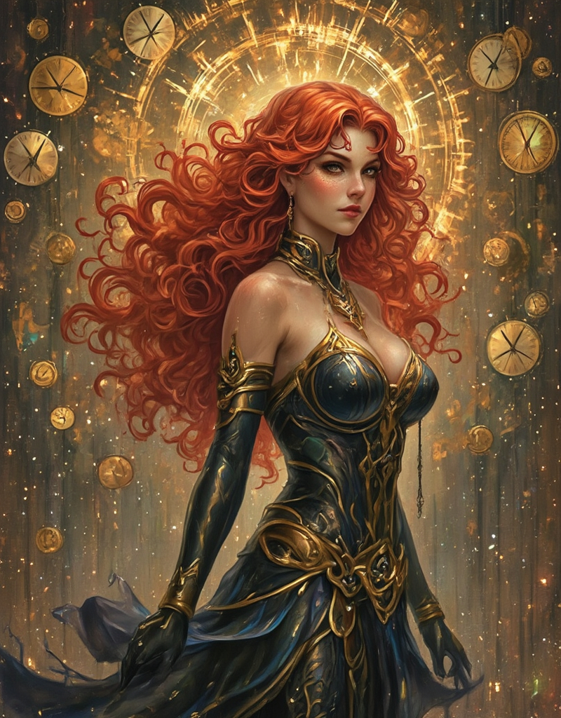 Prompt: Lynia Tempus, The Sorceress Of Time And Space, beautiful, well endowed, red hair, curls, a halo of clocks behind her.