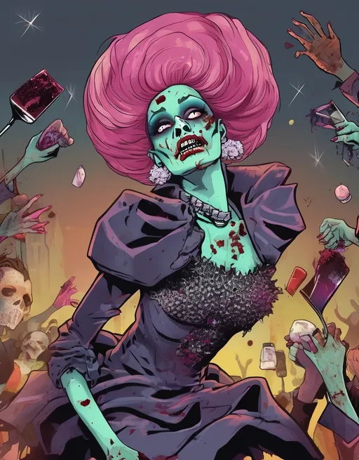 Prompt: Zombie drag queen New Year's party girl, rising from the grave