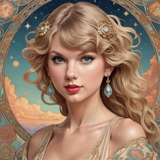 Prompt: Taylor Swift as Lucy In The Sky With Diamonds by Alphonse Mucha