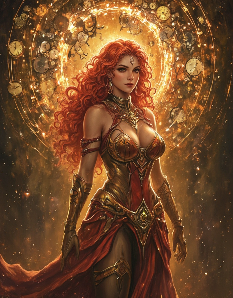 Prompt: Lynia Tempus, The Sorceress Of Time And Space, beautiful, well endowed, red hair, curls, a halo of clocks behind her.