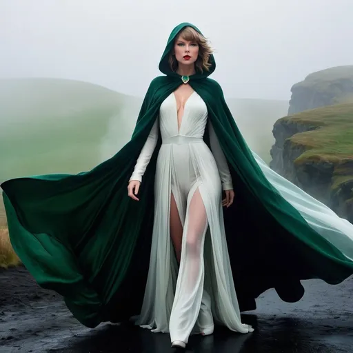 Prompt: Taylor Swift as The Spectre, shrouded in a dark, billowing green cape, white costume, standing in a dark, foggy landscape.  The scene is enveloped in a thick, eerie fog, with the landscape barely visible in the background by Alphonse Mucha.