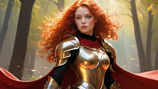 Prompt: (princess knight), superhero, well endowed armor-clad courageous warrior, (graceful posture), (21st Century setting), red hair, curls, dual swords sparkling in sunlight, (dramatic cape flowing), golden colors infused with soft pastels, (epic adventure atmosphere), fierce determination reflected in her eyes, surrounded by enchanted fairy-tale elements, rich depth, ultra-detailed, enchanting and vibrant scene. By Adam Hughes