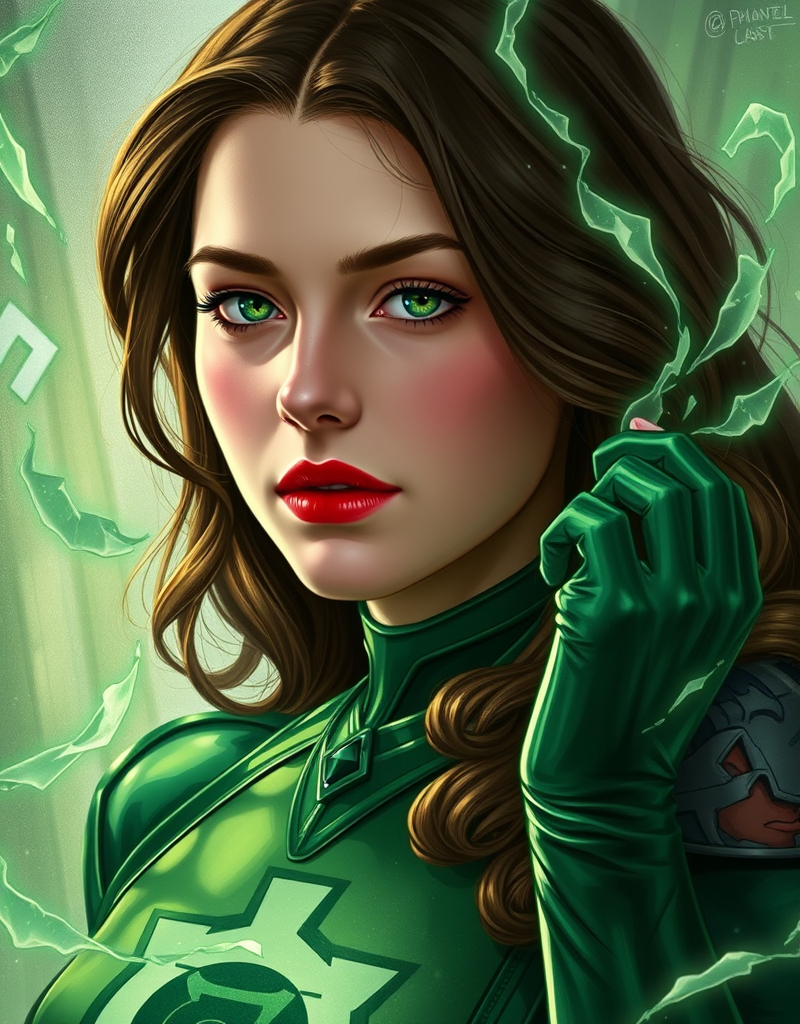 Prompt: Kat Dennings as Green Lantern by Alphonse Mucha