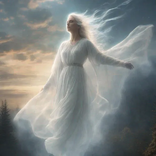 Prompt: From the Great Beyond, a beautiful, ghostly female figure in transparent white, appears in the sky revealing a vision of the afterlife.