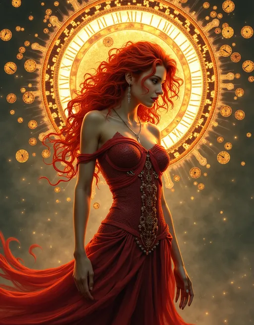 Prompt: Lynia Tempus, The Sorceress Of Time And Space, beautiful, well endowed, red hair, curls, a halo of clocks behind her by Ben Templesmith