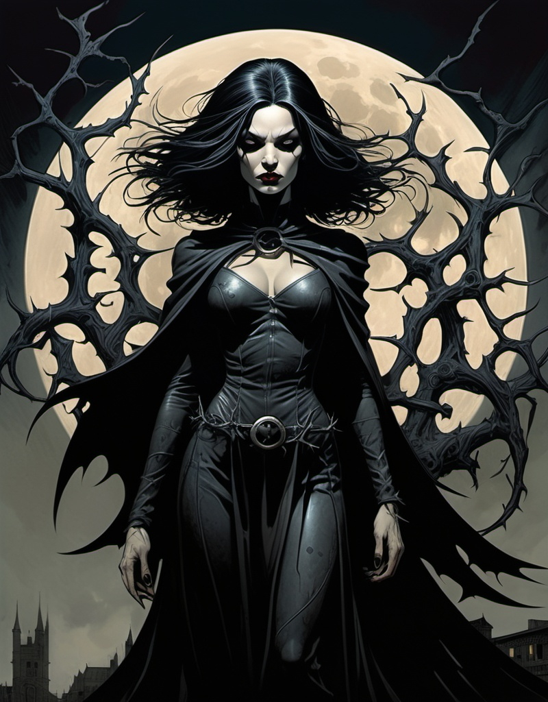 Prompt: Gothic female superhero The Witch Of Thorns, raven hair, beautiful, haunting,  well endowed, a halo of the moon, blood and thorns behind her, detailed, dark colors, dramatic, full body pose graphic novel illustration,  2d shaded retro comic book by Dave McKean