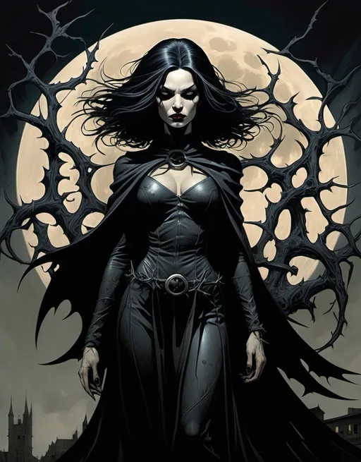 Prompt: Gothic female superhero The Witch Of Thorns, raven hair, beautiful, haunting,  well endowed, a halo of the moon, blood and thorns behind her, detailed, dark colors, dramatic, full body pose graphic novel illustration,  2d shaded retro comic book by Dave McKean