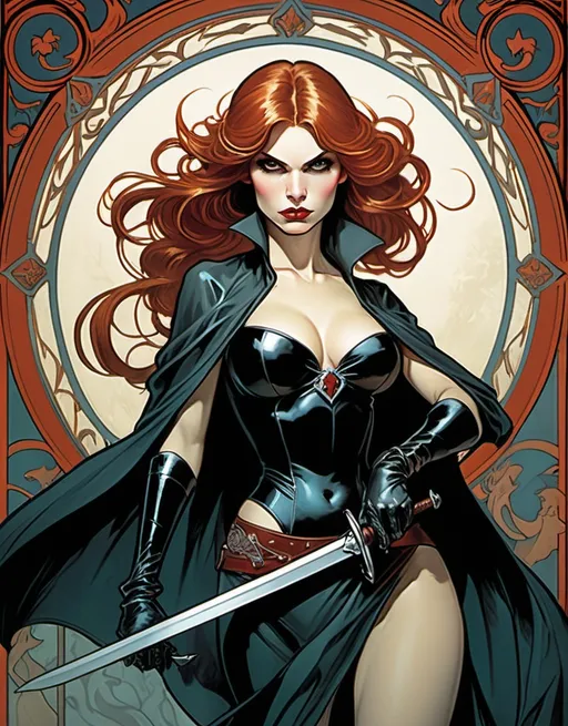 Prompt: The She-Vampire, beautiful, auburn hair, well endowed, sword wielding anti-hero of the night, comic book splash page by Alphonse Mucha