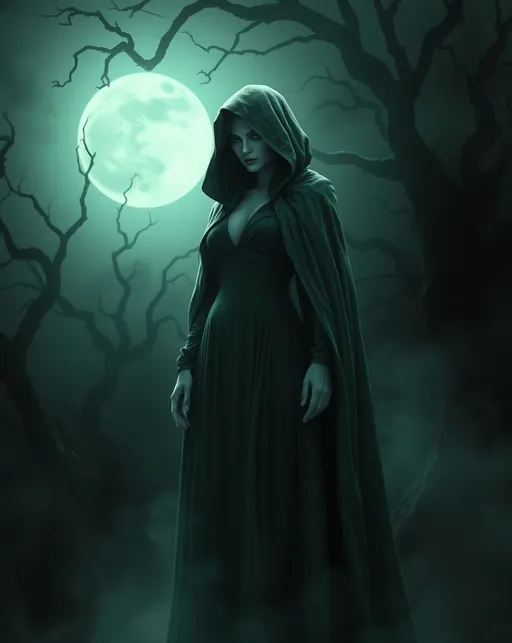 Prompt: (mysterious cloaked well endowed female figure in green and white with pale skin) The Spectre stands shrouded in ethereal mist, an aura of enigma surrounding it, (gloomy ambiance) illuminated by pale moonlight. The background features twisted, shadowy trees, (haunting atmosphere) creating a sense of foreboding and intrigue, (highly detailed, 4K) depicting the essence of ghostly allure and mystery.