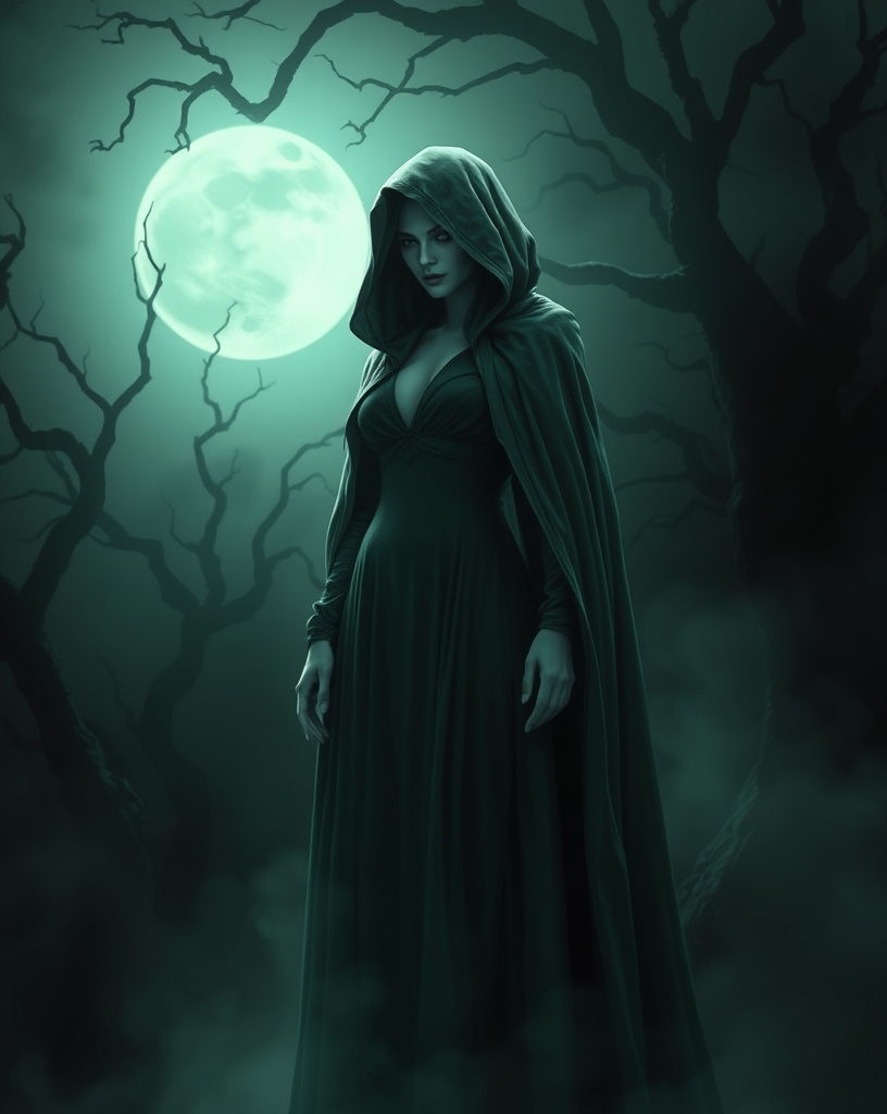 Prompt: (mysterious cloaked well endowed female figure in green and white with pale skin) The Spectre stands shrouded in ethereal mist, an aura of enigma surrounding it, (gloomy ambiance) illuminated by pale moonlight. The background features twisted, shadowy trees, (haunting atmosphere) creating a sense of foreboding and intrigue, (highly detailed, 4K) depicting the essence of ghostly allure and mystery.