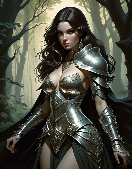 Prompt: (mysterious sorceress knight), enchanting and beautiful, well-endowed figure, elegant armor with magical runes, flowing cloak, captivating gaze, immersed in a dimly lit mystical forest, ethereal glow surrounding her, intricate details on her armor, enchanting spellbook in one hand, enchanting atmosphere, high depth, ultra-detailed. By Adam Hughes