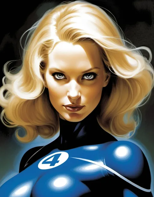 Prompt: Susan Storm Richards of The Fantastic Four, hero, blonde, beautiful, well endowed, known to the world as The Invisible Woman by Dave McKean