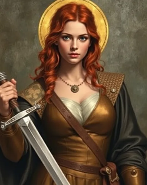 Prompt: Saint Joan of Arc, beautiful, auburn hair, well endowed, sword wielding hero, icon.