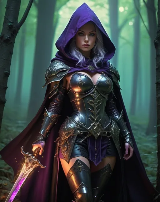 Prompt: (Fantasy character) The Witch Knight, beautiful, well endowed, clad in an ornate, mystical armor with a hood that glimmers with arcane symbols, wielding a magic sword, standing bravely in a shadowy mystical forest. The ambiance is dark and enchanting with vibrant magical sparks illuminating the scene. Deep greens and purples cast a mysterious aura, enhancing the witchy yet knightly essence. (4K) ultra-detailed, capturing the essence of both warrior and sorceress. By Adam Hughes