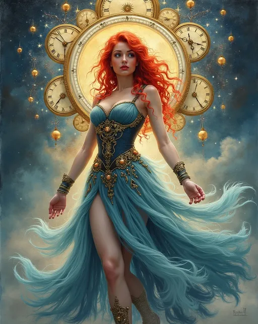 Prompt: (watercolor style), Lynia Tempus, The Sorceress Of Time And Space, (ethereal beauty), enchanting, (vibrant reds and blues), red curly hair, (well-endowed), surrounded by a halo of intricately designed clocks, whimsical atmosphere, cosmic elements, soft lighting, dreamlike quality, fluid motion, ultra-detailed, (masterpiece).