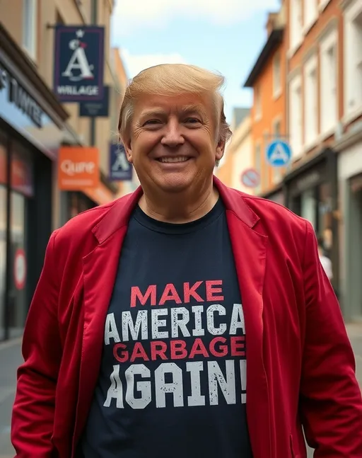 Prompt: Donald Trump walking down the high street smiling and wearing a t-shirt that reads: " Make America Garbage Again!"