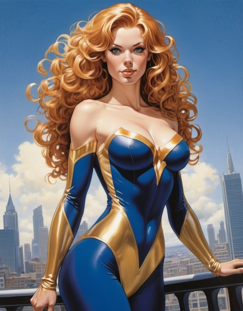 Prompt: Shauna Murphy, the giantess superhero known as Tower Girl, beautiful, blonde/auburn hair,  soft curls, royal blue and gold full body costume, soft gentle smile, curves, standing 50 foot high, nemesis of evil by Alex Ross