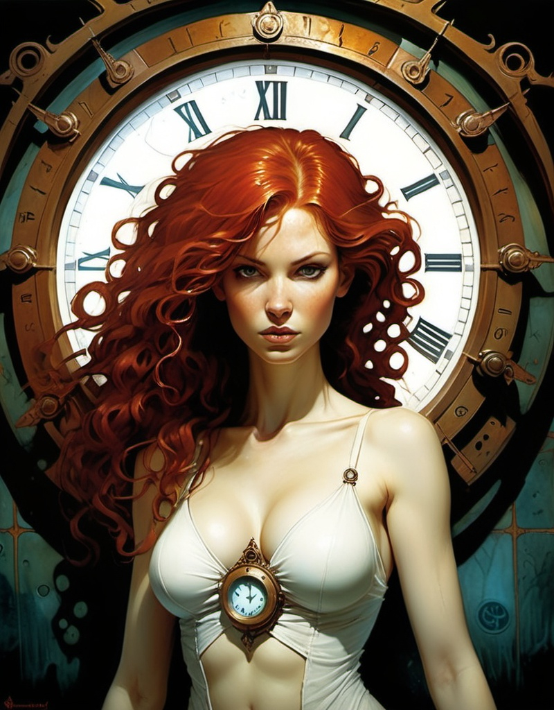 Prompt: Lynia Tempus, The Sorceress Of Time And Space, beautiful, well endowed, red hair, curls, a halo of clocks behind her by Ben Templesmith