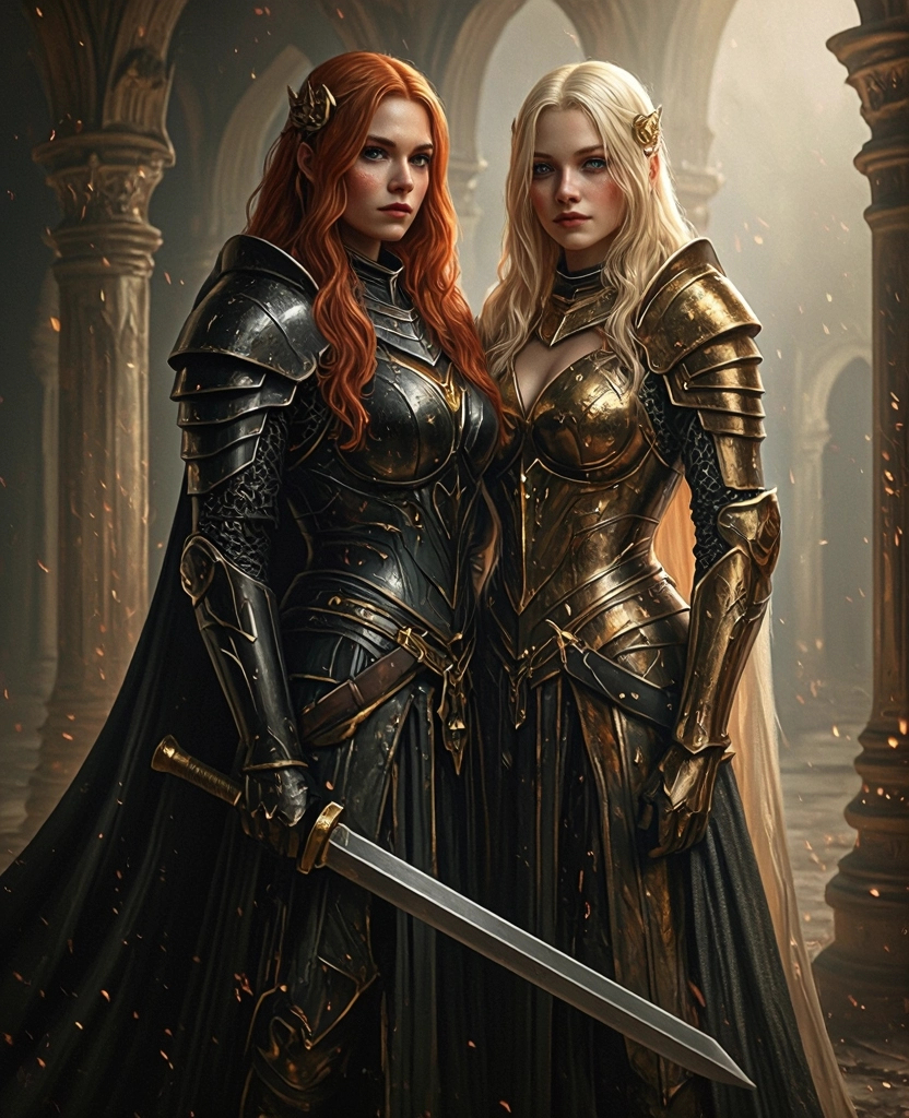 Prompt: Blthner, the beautiful redhead Lady Knight in black and gold paladin armour and  Nemva, the blonde Spirit Knight  known as The Goddess Of Rust