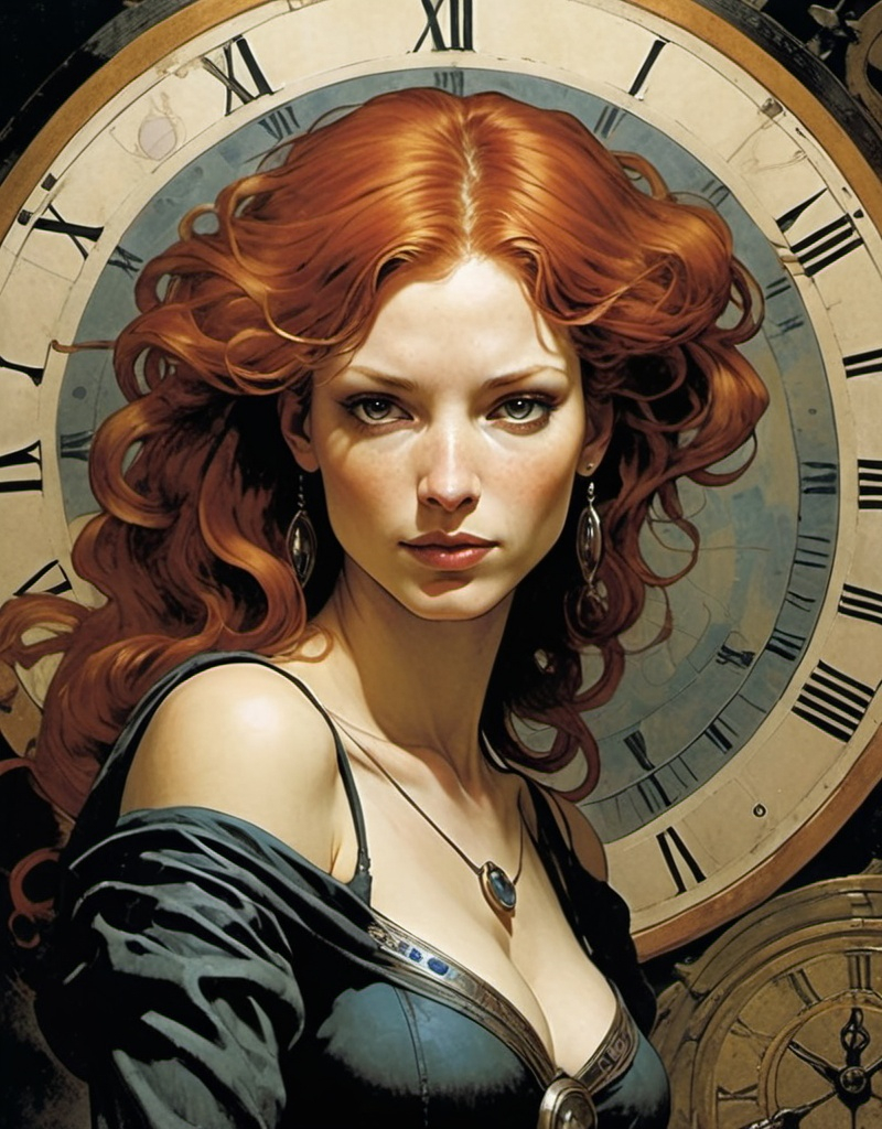 Prompt: Lynia Tempus, The Sorceress Of Time And Space, beautiful, well endowed, red hair, soft curls, soft gentle smile, a halo of clocks behind her, detailed, dark colors, dramatic, graphic novel illustration,  2d shaded retro comic book by Dave McKean
