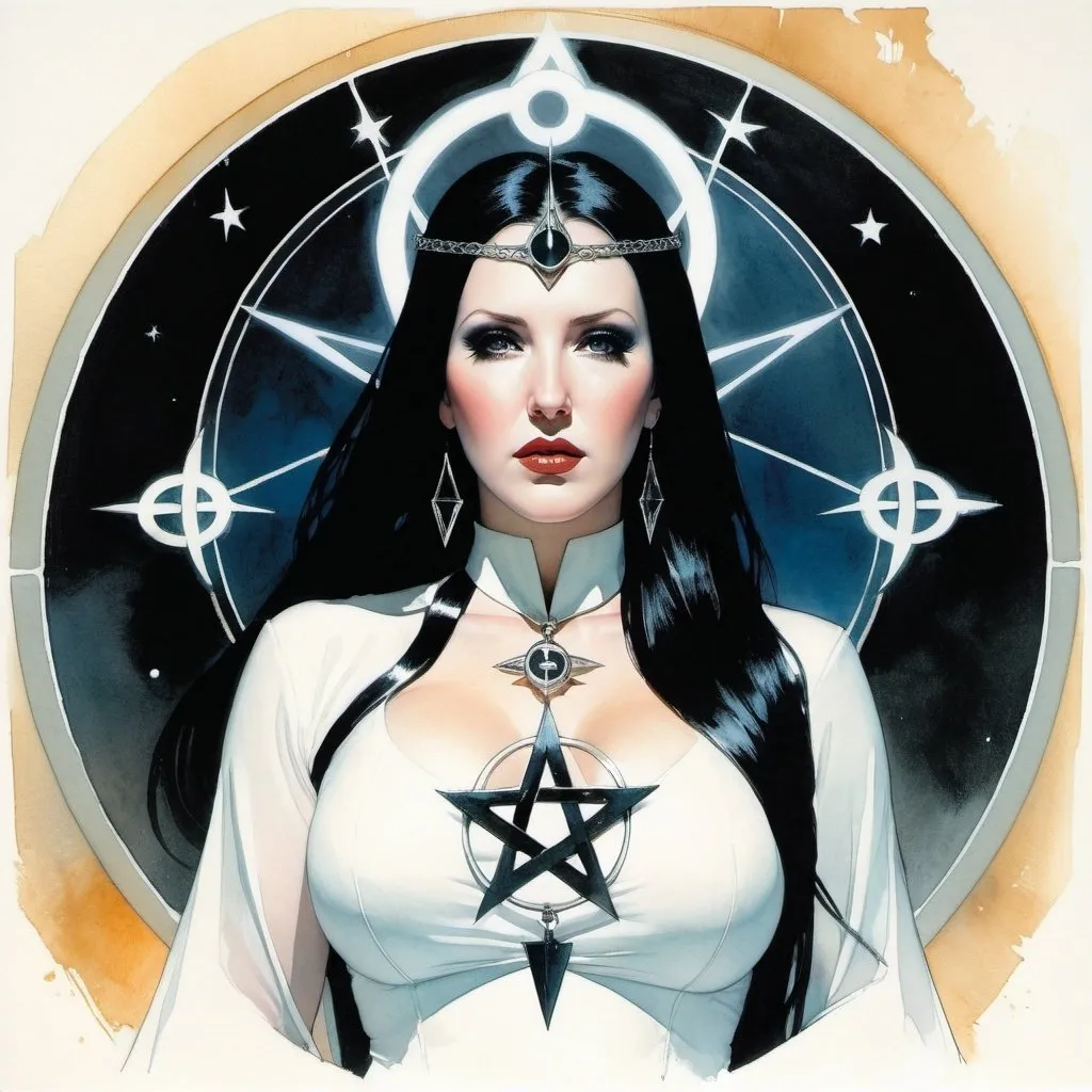 Prompt:  Angela White as a gothic sorceress with a halo of pentagrams behind her by Bill Sienkiewicz
