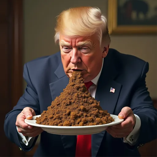 Prompt: Donald Trump devouring a huge plate of steaming cow dung