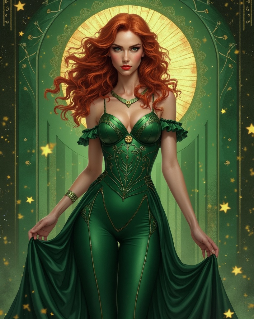 Prompt: Mage Emerald, art deco patterns, Irish, auburn hair, curls, well endowed, sorceress, heroine of the night, here to save the world from dark magic.