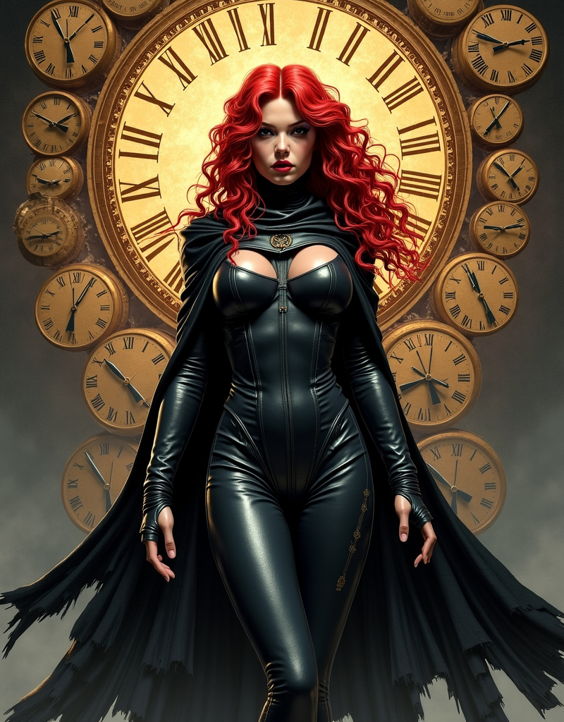 Prompt: Cloaked female superhero Lynia Tempus, The Sorceress Of Time And Space, beautiful,  red hair, curls, haunting,  well endowed, a halo of clocks behind her, detailed, dark colors, dramatic, full body pose graphic novel illustration,  2d shaded retro comic book by Dave McKean