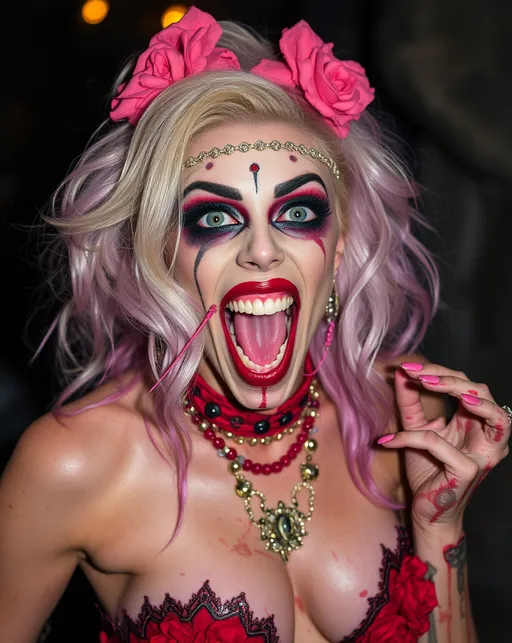 Prompt: Gorgeous 25 year old zombie drag queen party girl clawing her way out of the grave to welcome in 2025
