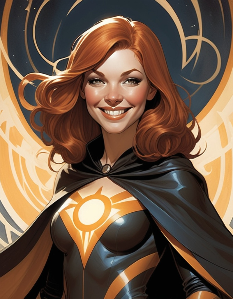 Prompt: Helene Helia, the cloaked superhero known as The Solar Sorceress, beautiful, cute smile, well endowed, auburn hair, art deco patterns, hero, the bringer of light against the forces of darkness by Adam Hughes