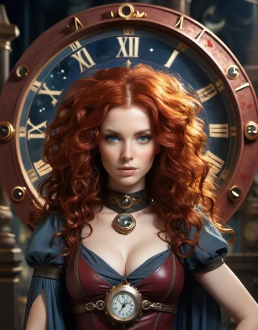 Prompt: Lynia Tempus, The Sorceress Of Time And Space, beautiful, well endowed, red hair, curls, a halo of clocks behind her.