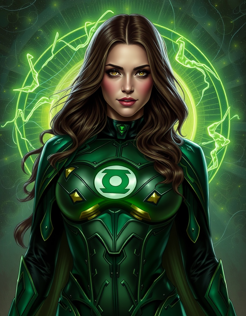 Prompt: Kat Dennings as Green Lantern by Alphonse Mucha