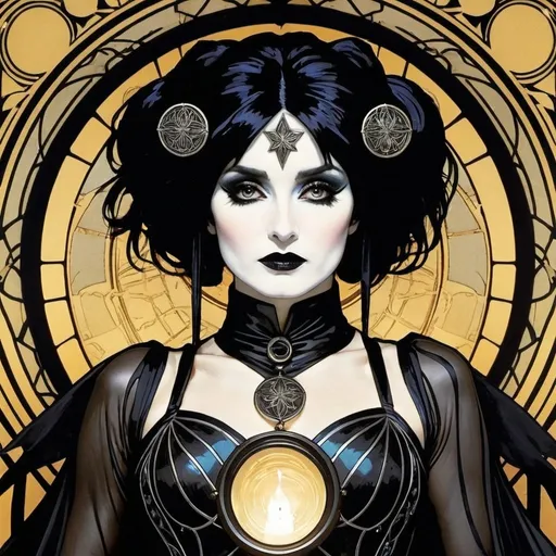 Prompt: Siouxsie Sioux as Black Lantern by Alphonse Mucha