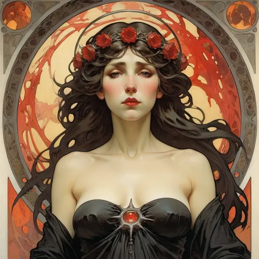 Prompt:  From the depths of hell rises a well endowed female figure in black with a halo of bloody thorns behind her by Alphonse Mucha