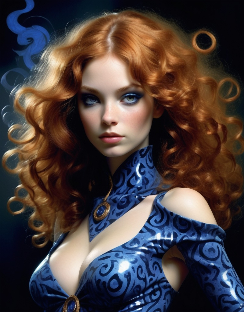 Prompt: Julia Dream, the sorceress hero known as Illusion Girl, beautiful, well endowed, auburn hair, curls, royal blue sequin patterns, spell casting by Dave McKean