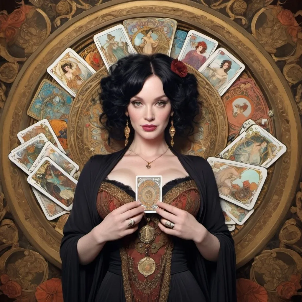 Prompt: Christina Hendricks as Madame Xanadu with black hair, circled by her Tarot cards by Alphonse Mucha 