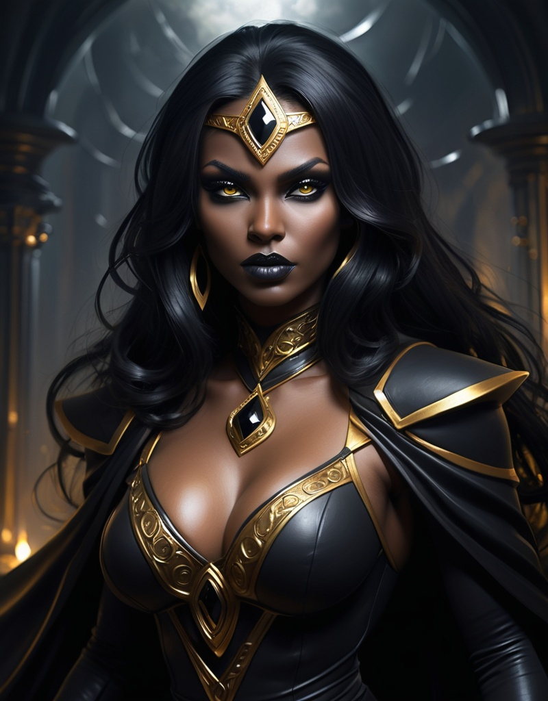 Prompt: Black Gold, sorceress, dark, well endowed, mysterious, heroine of the night, protecting the world from evil forces. 