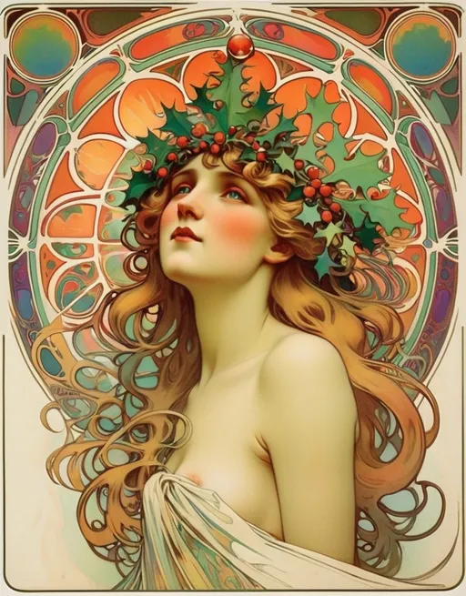 Prompt: Psychedelic Christmas Card by Alphonse Mucha