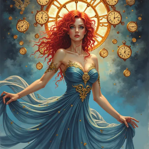 Prompt: (watercolor style), Lynia Tempus, The Sorceress Of Time And Space, (ethereal beauty), enchanting, (vibrant reds and blues), red curly hair, (well-endowed), surrounded by a halo of intricately designed clocks, whimsical atmosphere, cosmic elements, soft lighting, dreamlike quality, fluid motion, ultra-detailed, (masterpiece).