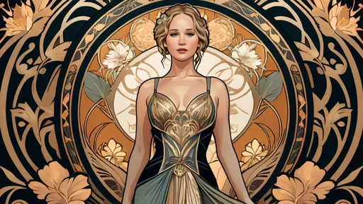 Prompt: (Jennifer Lawrence full body poster), by Alphonse Mucha, Art Nouveau style, (elegant) flowing lines, intricate patterns, (ornate) floral designs, warm and muted color palette, soft golden hues, pastels, dreamy and nostalgic atmosphere, detailed background with decorative elements, graceful and ethereal, 4K, ultra-detailed, high resolution, cinematic depth.