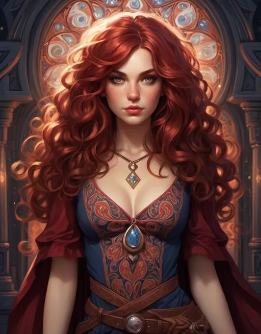 Prompt: Mage Crimson, paisley patterns, auburn hair, curls, well endowed, bohemian heroine of the night, here to save the world from dark magic.