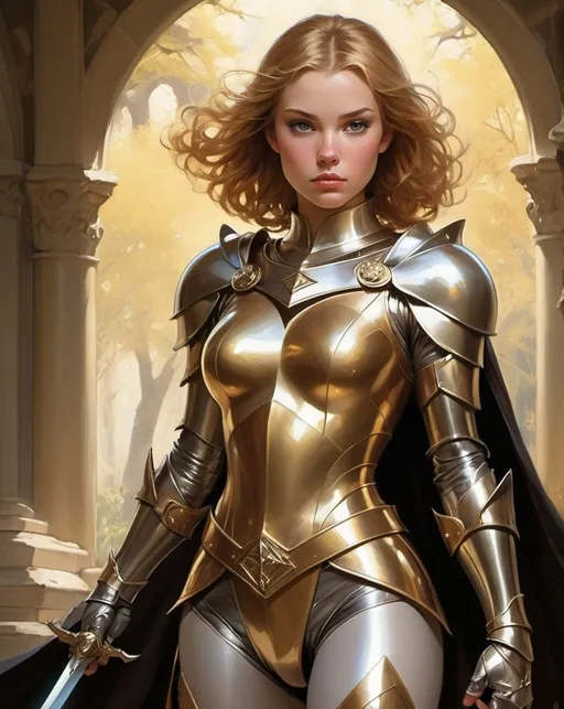 Prompt: (princess knight), superhero, well endowed armor-clad courageous warrior, (graceful posture), (21st Century setting), dual swords sparkling in sunlight, (dramatic cape flowing), golden colors infused with soft pastels, (epic adventure atmosphere), fierce determination reflected in her eyes, surrounded by enchanted fairy-tale elements, rich depth, ultra-detailed, enchanting and vibrant scene. By Adam Hughes